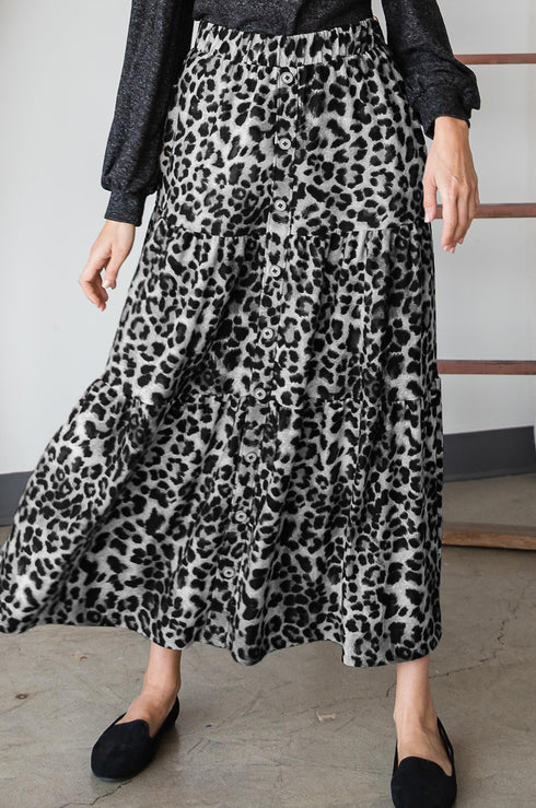 LEOPARD BUTTON FRONT MAXI SKIRT