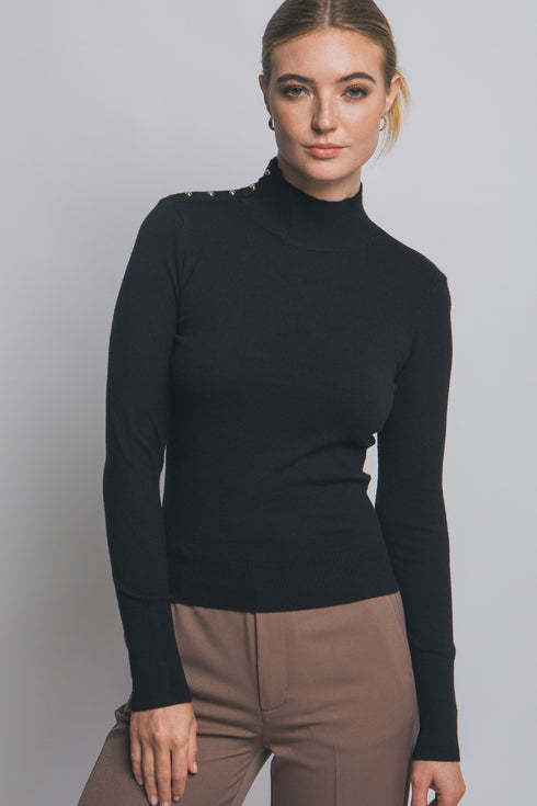 BUTTON DETAIL MOCK NECK TOP