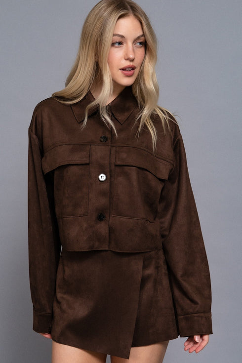 FRONT PATCH POCKET FAUX SUEDE JACKET