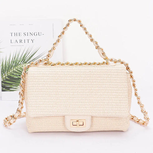 FAUX STRAW FLAP BAG