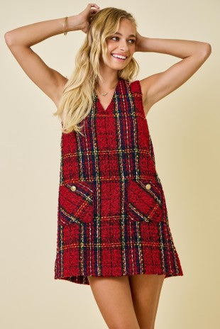 RED PLAID TWEED DRESS