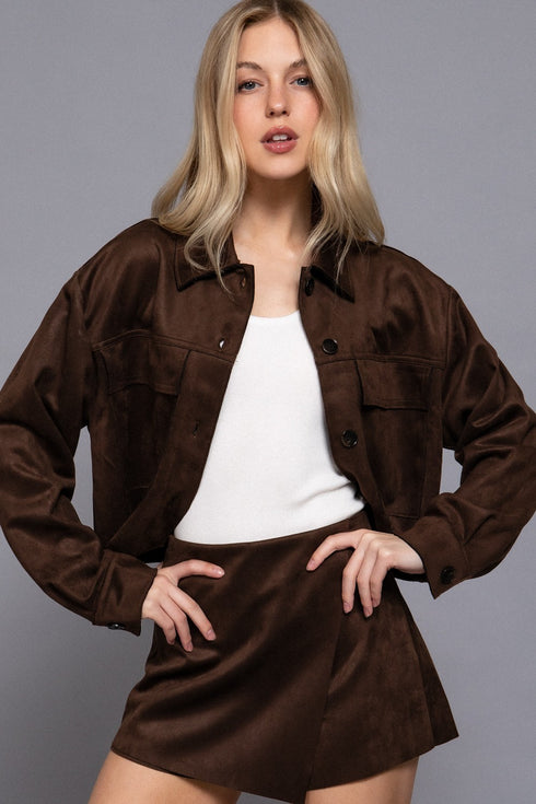 FRONT PATCH POCKET FAUX SUEDE JACKET