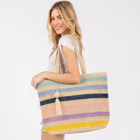 POM POM TASSEL STRAW BEACH BAG